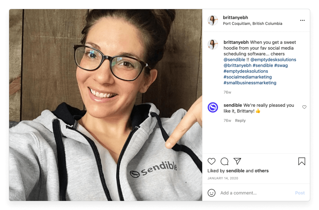 Sendible customer testimonial on Instagram