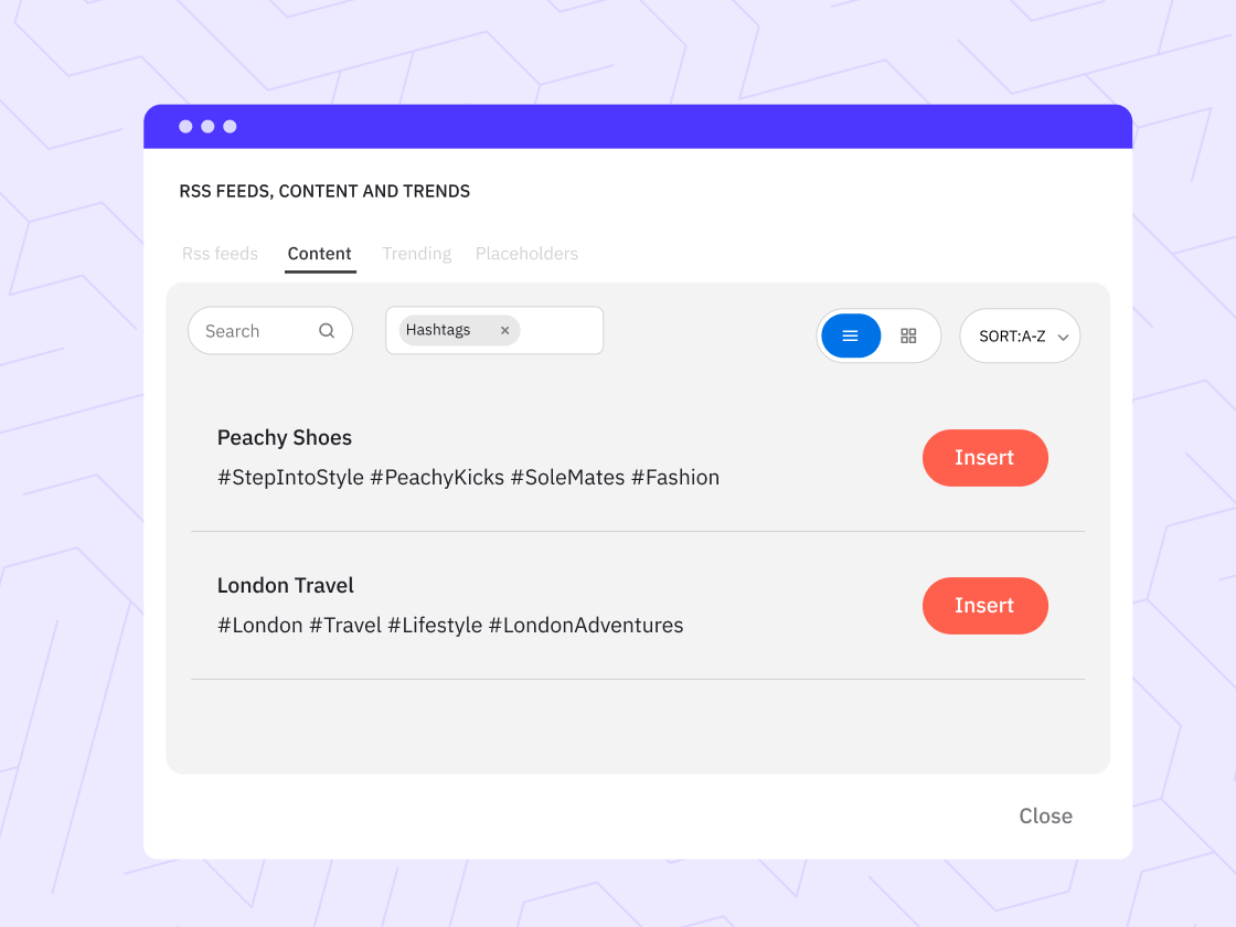 A graphic showing Sendible's Content feature with saved sets of hashtags